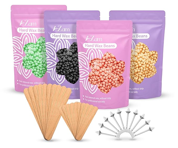 AZAM Hard Wax Beads,Hot Wax Beads,Hair Removal for Full Body4X100G Painless Hard Wax Beans with 10 large applicators 10 smaller ones, 10 nose sticks, Professional Wax Beads for Eyebrow, Bikini