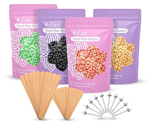 AZAM Hard Wax Beads,Hot Wax Beads,Hair Removal for Full Body4X100G Painless Hard Wax Beans with 10 large applicators 10 smaller ones, 10 nose sticks, Professional Wax Beads for Eyebrow, Bikini
