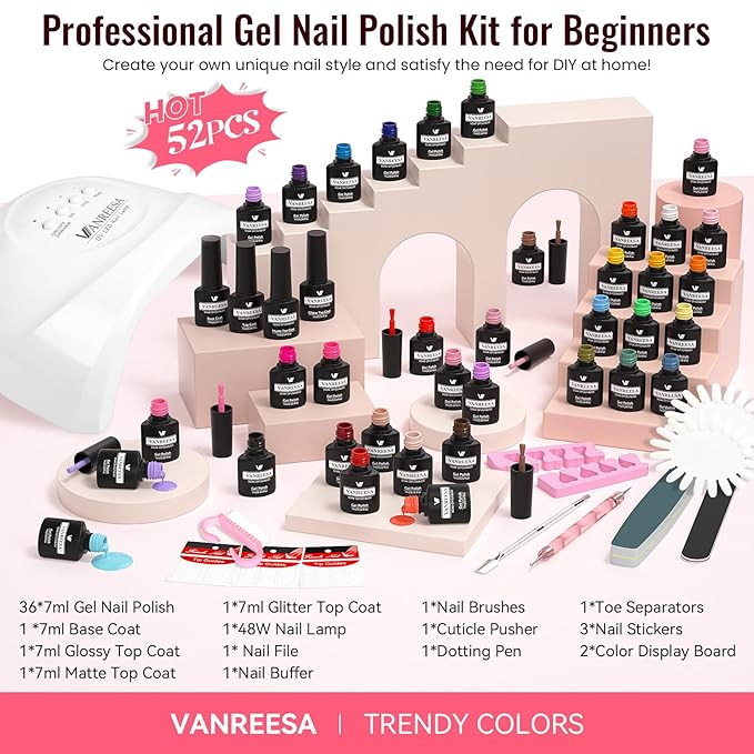VANREESA Gel Nail Polish Kit with U V Light 52 Pcs Gel Polish Nail Set 36 Popular Colors Nail Polish Set + Base and 3 Effects Top Coat with Manicure Tools Complete Nail Kit Gifts for Women Girls