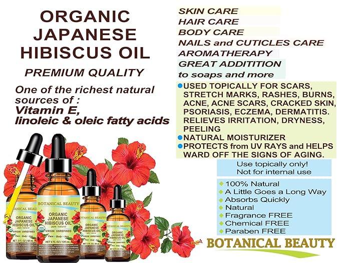Botanical Beauty Organic HIBISCUS OIL (Hibiscus Sabdariffa) JAPANESE 100 Pure Natural VIRGIN UNREFINED COLD PRESSED Anti Aging, Vitamin E oil for FACE, SKIN, HAIR GROWTH 2 Fl.oz.- 60 ml