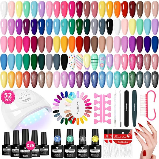VANREESA Gel Nail Polish Kit with U V Light 52 Pcs Gel Polish Nail Set 36 Trendy Colors Nail Polish Set + Base and 3 Effects Top Coat with Manicure Tools Complete Nail Kit Gifts for Women Girls