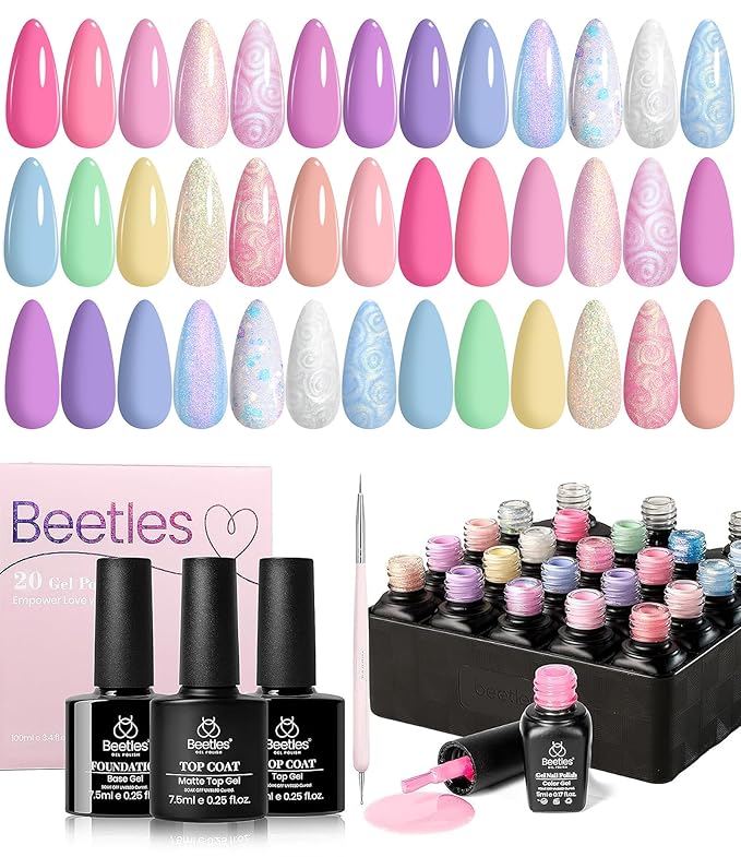 Beetles Gel Nail Polish Set,24Pcs Pink Purple Pearl Blue Shimmer Chameleon Green Colors Gel Polish Kit, 3Pcs Base Top Coat Double-ended Brush Soak off UV Nail Polish Halloween Gifts for Women