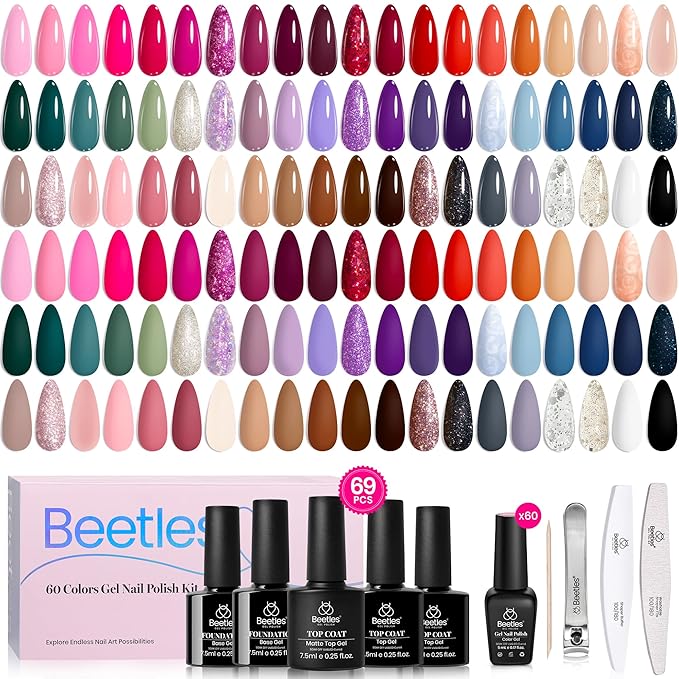 Beetles Gel Nail Polish Set - Transcendent Allure 60 Colors Fall Gel Polish Kit Orange Burgundy Red Glitter Hot Pink Blue White Black with Base Top Coat Gifts for Women