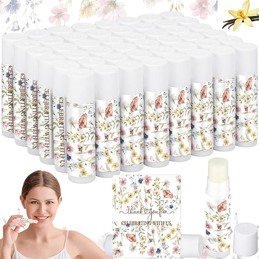 50 Pcs Wildflower Wedding Bridal Shower Gifts Bulk Floral Lip Balm Baby Shower Party Favors Thank You Appreciation Gifts for Women Tea Bachelorette Party