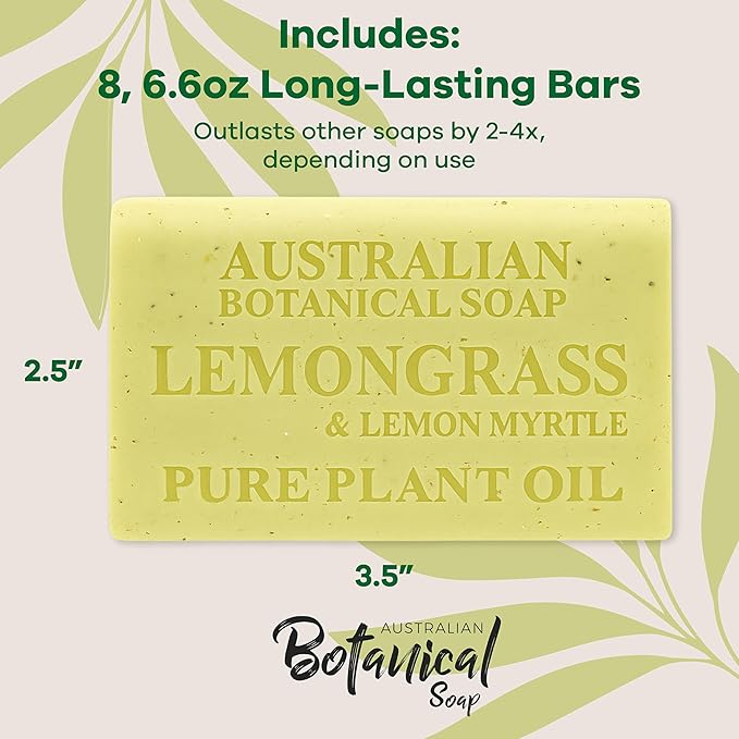Australian Botanical Soap, 6.6 OZ, Lemongrass and Lemon Myrtle, Triple Milled Bars made with a Natural Soap Base and Enriched with Organic Shea Butter, Pack of 8