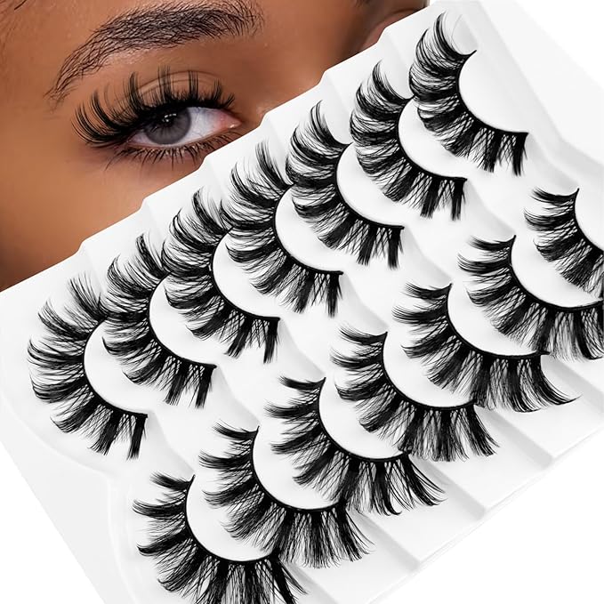 Cat Eye Lashes False Eyelashes Yasnai D Curl Russian Strip Lashes 17mm Fake Eyelash Wispy Natural Look Lashes 3D Fake Mink Lashes Eyelashes 7 Pairs Pack