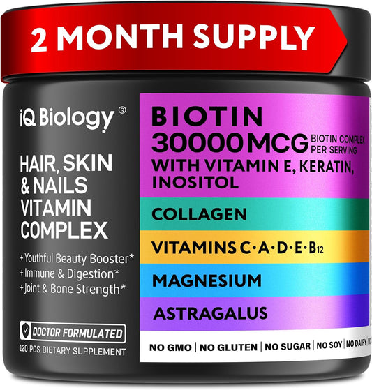 Biotin 10,000 mcg Supplement for Hair Growth with Collagen & Keratin for Hair Loss & Thinning Hair - Hair Skin and Nails Vitamins for Women & Men - Healthy Regrowth, Skin Glow & Nail Repair - 120 Caps