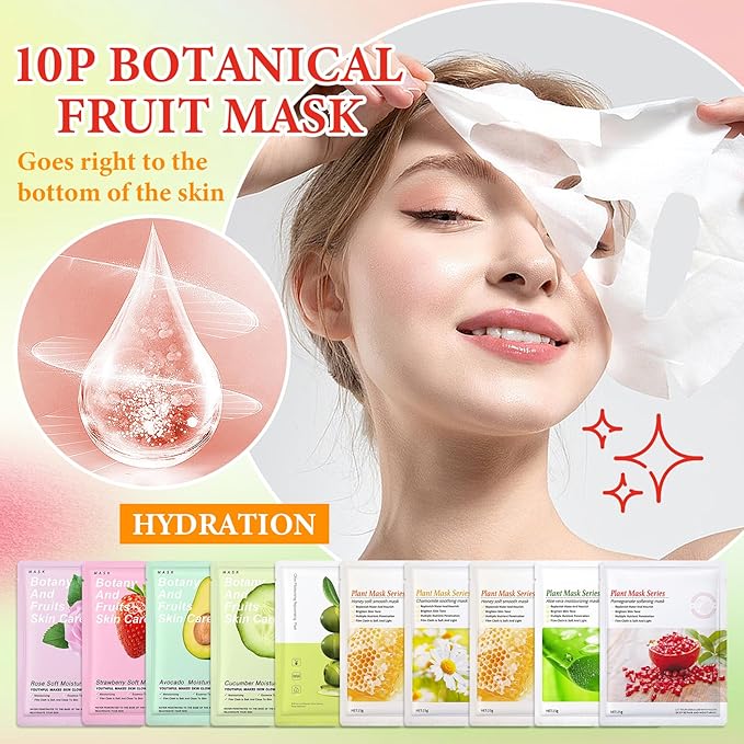 10 Pack Variety Facial Sheet Masks Skin Care Set, Hydrating Bulk Sheet Face Masks Skincare Gifts Set for Women Men, Long Lasting Moisturizing Face Mask Skincare for All Skin Type（B9)