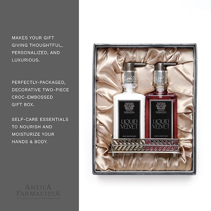 Antica Farmacista Liquid Velvet Acrylic Bath & Body Gift Set - Moisturizing Scented Lotion - Premium Hand Wash - With Silver Tray - Mother's Day Skincare Gift - Hand & Skin Hydration - Liquid Velvet