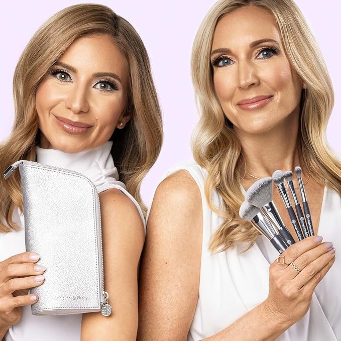 BK BEAUTY BRUSHES - ANGIE HOT & FLASHY Travel Brush Set with Pouch - Foundation Makeup Brushes - Brush for Liquid or Cream Foundations - Under-Eye Concealer | Bronzer, Blush & Highlighter Makeup Brush