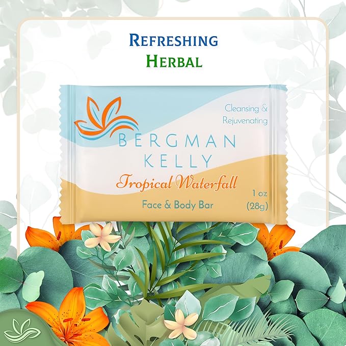 BERGMAN KELLY - Hotel Soap Bars - Tropical Waterfall, 1 oz, 100 PK - Travel Size Luxury Bulk Amenities Bar Soap - Mini Individually Wrapped Rectangular Soap, Small Toiletries for Airbnb & Motel