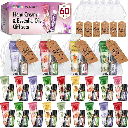 AZEN 60 Sets Bulk Gifts, Hand Cream and Essential Oils Bulk Set with Organza Bag Thank You Card, Baby Shower Wedding Gifts for Guests, Bridal Wedding Favors for Guests,Thank You Gifts for Women