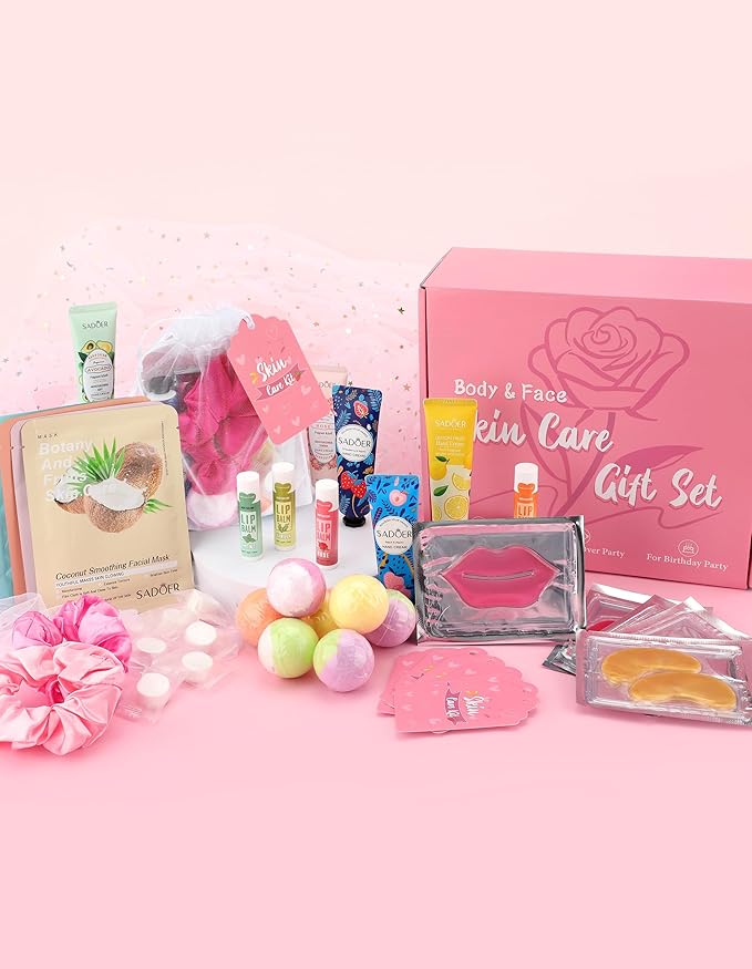 120PCS Spa Party Supplies for Girls, Include Facial Masks, Lip Mask, Under Eye Patches, Lip Balm, Foot Bath Bombs, Hand Cream, Compressed Towel, Hair Band, Sleepover Party Supplies for Girls