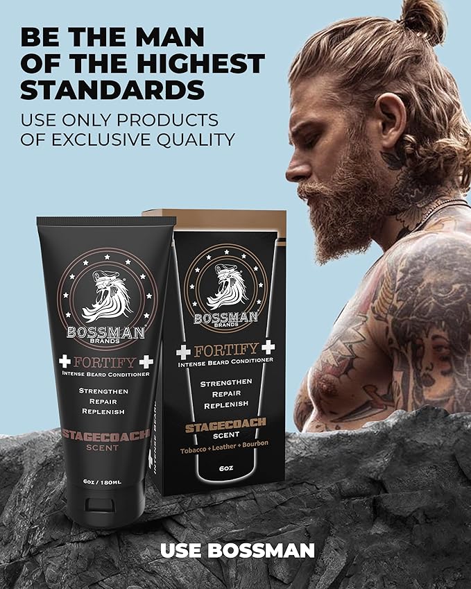 Bossman Fortify Intense Beard Conditioner for Men (Stagecoach Scent) – Moisturizes, Replenishes & Protects with Natural Ingredients – Thicker Formula, Made in USA
