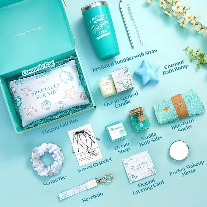 Briney 13Pcs Birthday Gifts for Women, Care Package for Women, Gift Basket, Unique Relaxing Ocean Themed Present for Mom Wife Sister Best Friend, Blue