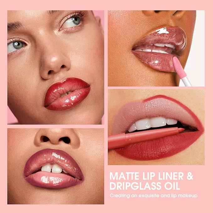 6pcs Hydrating Lip Oils + Lip Liner Pencil Lip Combo Sets, 24H Long-Lasting Lip Kit with Lip Liner and Gloss, Nourishing, Non-Sticky Tinted Stain Lip Gloss Plumping Lip Oil Set for Women(Set B)