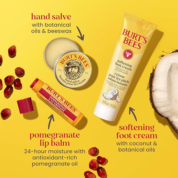 Burt's Bees Back to School Gift Ideas, Tips and Toes Kit, 6 Travel Size Products - Pomegranate Moisturizing Lip Balm, 2 Hand Creams, Foot Cream, Cuticle Cream, and Hand Salve