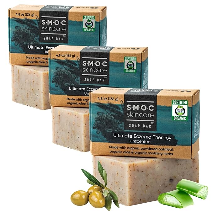 Certified Organic Eczema Soap Bar 3-Pack — Unscented, with Aloe & Cocoa Butter — Oatmeal Soap for Eczema, Psoriasis, Dry, Itchy Sensitive Skin — for Face & Body (3)