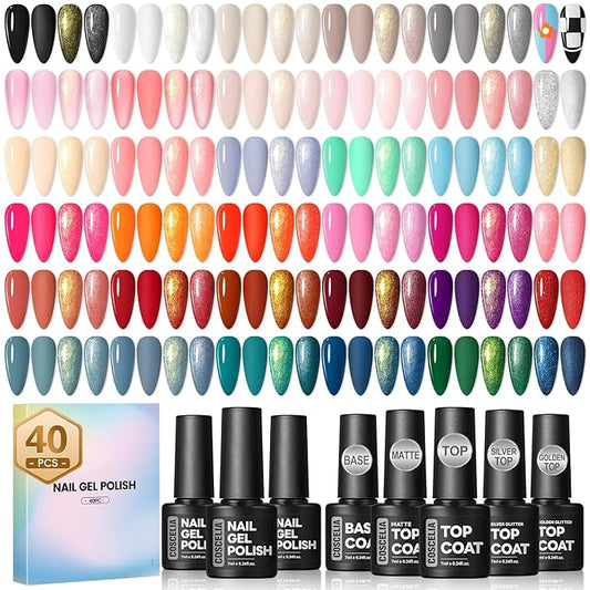 COSCELIA 40PCS Gel Nail Polish Set, 7ml 35 Colors Gel Polish with 5pcs Top and Base Coat Nude White Pink Red Green Blue Summer Colors All Seasons Nail Art Manicure Starter Kit at Home Gifts for Women