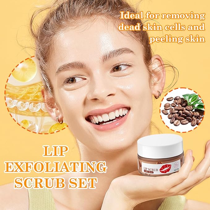 2 Pack Coffee Bean Lip Scrub Set,Long Lasting Moisturizing Lip Scrubber Exfoliator, Cleansing Hydrating Lip Exfoliator Scrub and Moisturizer Kit for Chapped Dry Lips