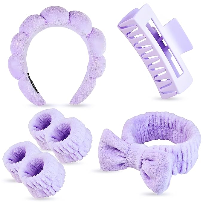 7 Pcs Spa Set, Facial Headband and Wristband Set, Skincare Accessories, College Style Girl Gift, Hair Accessories for Women and Girls (Purple)