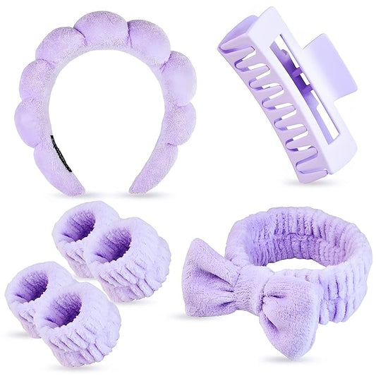 7 Pcs Spa Set, Facial Headband and Wristband Set, Skincare Accessories, College Style Girl Gift, Hair Accessories for Women and Girls (Purple)
