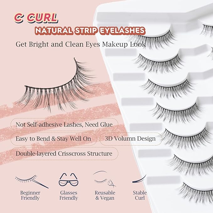Anime Lashes Wispy False Eyelashes Natural Look 12MM Strip Lashes Thin Band False Lashes 3D Volume Fake Eyelashes 7 Pair C Curl Lash Pack Siligli
