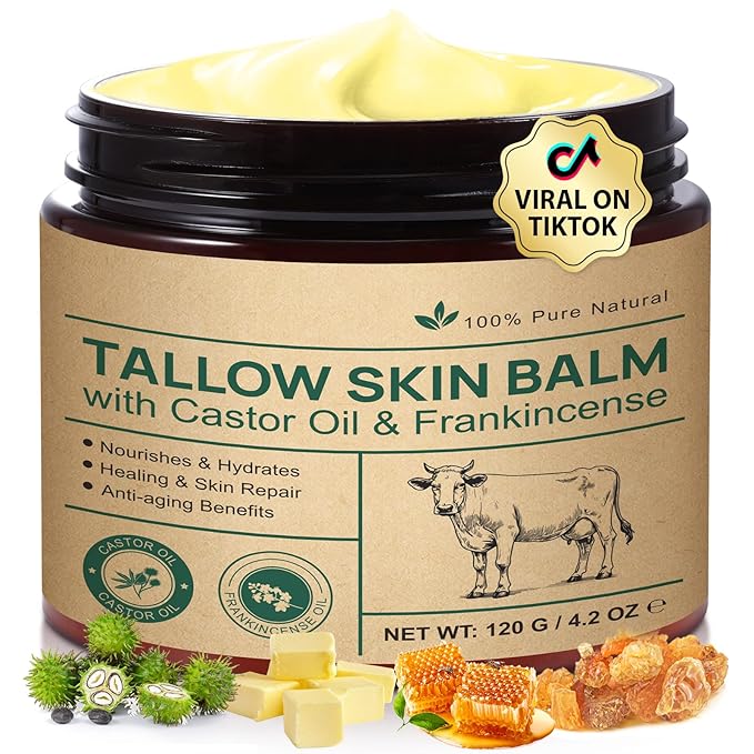 Beef Tallow for Skin & Face Cream with Castor Oil and Frankincense,120g,Organic Natural 100% Grass Fed,Whipped Beef Tallow Balm Deeply Moisturizing for Face & Body Care,4.2 oz
