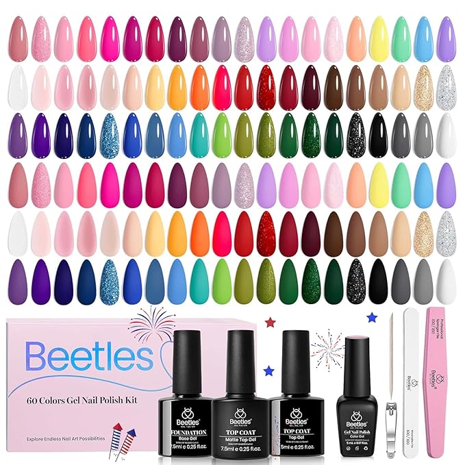 Beetles Gel Nail Polish Set, 70 PCS 60 Colors Red Green Pink Brown Blue Nude Glitter Gel Nail Polish Kit with Base Glossy & Matte Top Coat Gel Polish for Beginners DIY Salon Christmas Gifts for Women