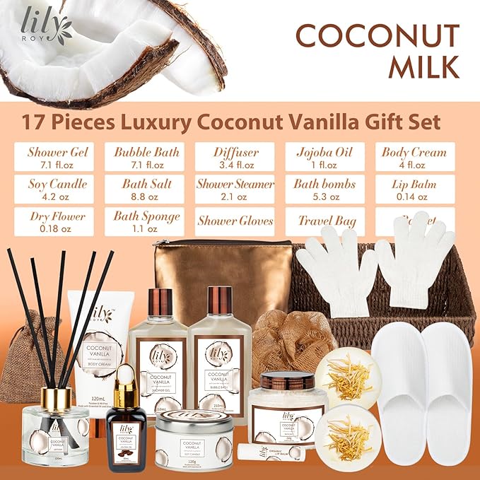 Bath and Body Gift Basket Set for Women - Coconut Vanilla Christmas Gifts for Women, Spa Gift Basket 17-Piece Bath Gift Set Self Care Gifts for Mothers Day, Birthday Gifts