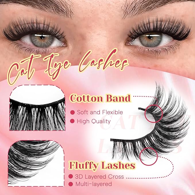 Ahrikiss Lashes Fluffy False Eyelashes Natural Look Cat Eye Lashes 8 Pairs Faux Mink Lashes Wispy Eyelashes Soft Fake Lashes Lightweight Strip Lashes (Fancy Only)