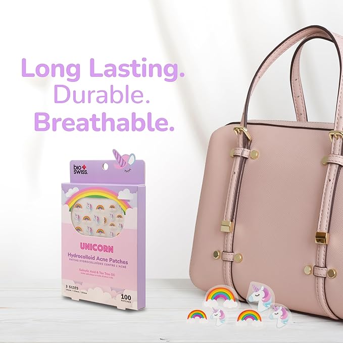 BioSwiss Pimple Patches, Rainbow Unicorn Patch for Zits and Blemishes, Hydrocolloid Spot Stickers for Face and Skin, 100 Count