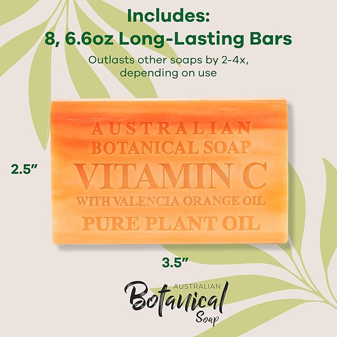 Australian Botanical Soap, 6.6 OZ, Vitamin C and Valencia Orange, Triple Milled Bars made with a Natural Soap Base and Enriched with Organic Shea Butter, Pack of 8