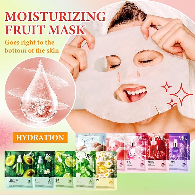 10 Pack Variety Facial Sheet Masks Skin Care Set, Hydrating Bulk Sheet Face Masks Skincare Gifts Set for Women Men, Long Lasting Moisturizing Face Mask Skincare for All Skin Type（12)
