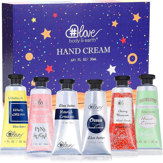 BODY & EARTH # LOVE Hand Cream Gift Set, Mothers Day Gifts for Mom, Moisturizing Hand Lotion Set with Natural Glycerin and Vitamin E, 6 Pcs Hand Lotion Gift Sets for Women Men, Birthday Gifts for Her