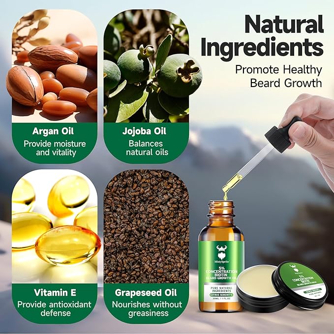 Beard Growth Oil & Beard Balm - Beard Growth Kit with 5% Concentration Biotin for Men, Natural Ingredients with Argan Oil, Jojoba Oil and Vitamin (Citrus Serenity)