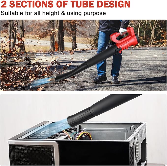 Cordless Leaf Blower, 21V 215CFM Elecrtic Leaf Blower with 4.0Ah Battery & Fast Charger, Portable Leaf Blower with 2 Section Tubes & 6 Speed Control for Blowing Leaves, Snow Debris & Dust Red