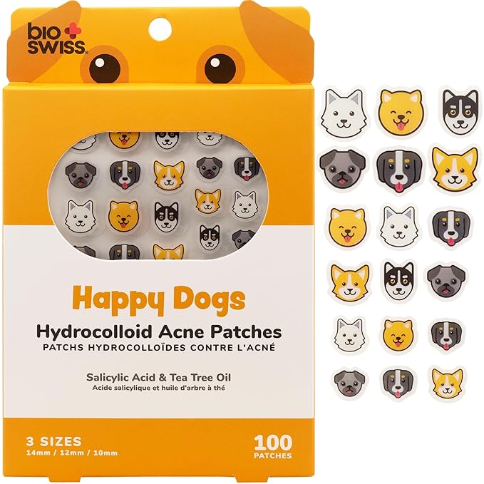 BioSwiss Pimple Patches, Happy Dog Patch for Zits and Blemishes, Hydrocolloid Spot Stickers for Face and Skin, 100 Count