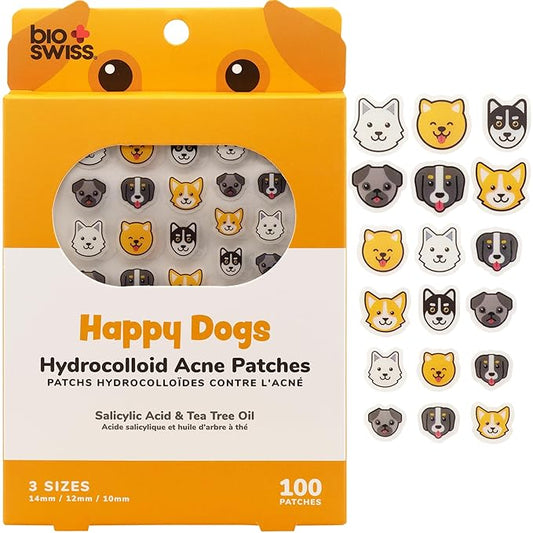 BioSwiss Pimple Patches, Happy Dog Patch for Zits and Blemishes, Hydrocolloid Spot Stickers for Face and Skin, 100 Count