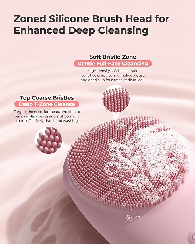 2 in 1 Facial Cleansing Brush & Massager, Facial Skin Scrubber Waterproof and Rechargeable Face Scrub for Deep Cleansing Vibrating Exfoliator Scrubber Skin Care with 7 Modes, Gentle Exfoliating - Pink