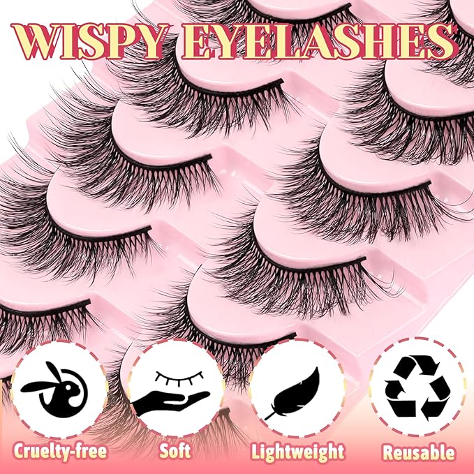 Ahrikiss Lashes Wispy False Eyelashes Natural Look Cat Eye Lashes 8 Pairs Faux Mink Lashes Fluffy Fake Eyelashes Lightweight Soft Strip Lashes (Ethereal Only)