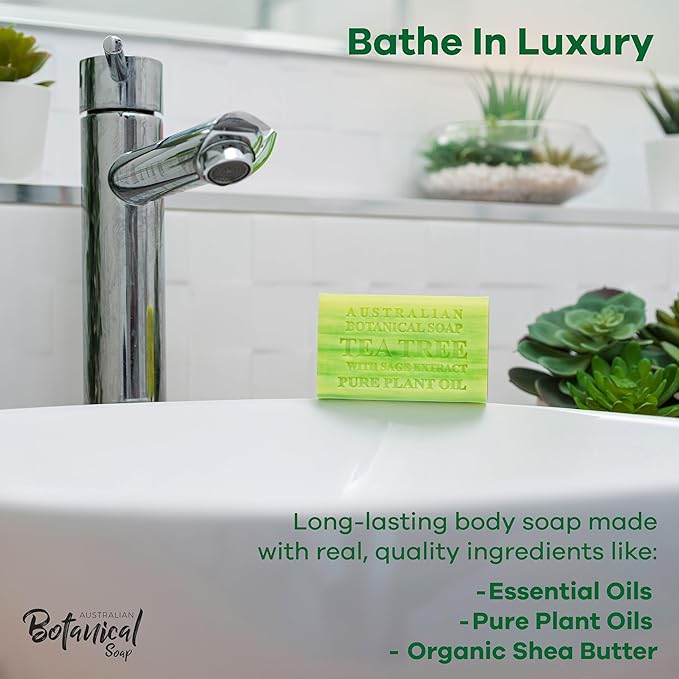 Australian Botanical Soap, 6.6 OZ, Tea Tree with Sage Extract, Triple Milled Bars made with a Natural Soap Base and Enriched with Organic Shea Butter, Pack of 8