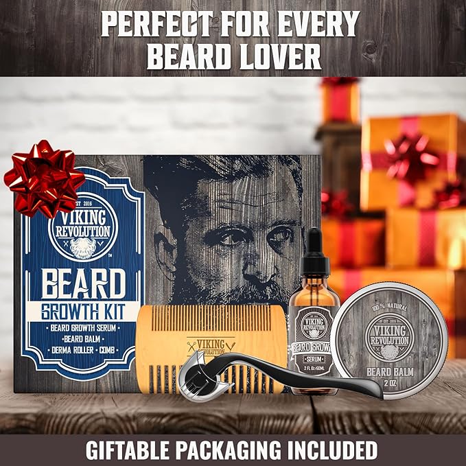 Beard Growth Kit - Oil, Balm, Serum, Derma Roller & Wooden Comb for Beard & Mustache Growth