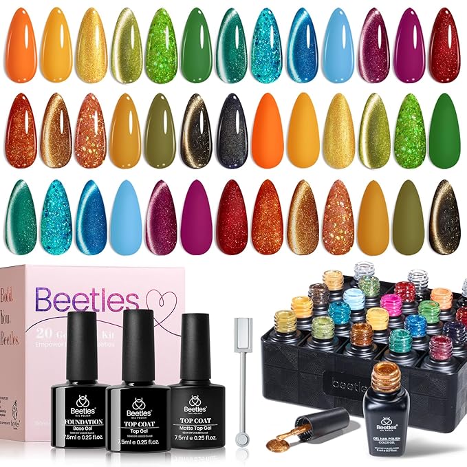 Beetles Fall Gel Nail Polish Set – Glint Crush 20 Colors Cat Eye Gel Polish, Glitter Yellow Orange Green Red Colors with Base Glossy Mattle Top Coat Soak Off UV LED Manicure Kit for DIY Salon