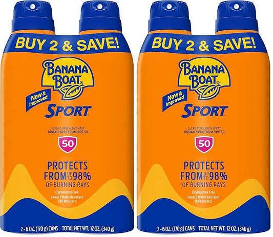 Banana Boat Sport Ultra SPF 50 Sunscreen Spray Twin Pack | Banana Boat Sunscreen Spray SPF 50, Spray On Sunscreen, Water Resistant Sunscreen, Oxybenzone Free Sunscreen Pack, 6oz each (Pack of 2)