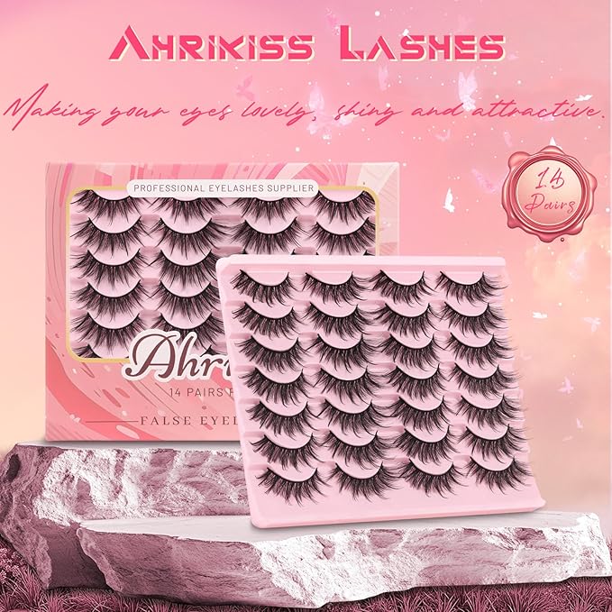 Ahrikiss Lashes Wispy Eyelashes Fluffy False Eyelashes Spiky & Long Manga Lashes CC Curl Faux Mink Lashes Natural Look 5D Volume Fake Eyelashes Anime Strip Lashes 14 Pairs Pack (Spike01)