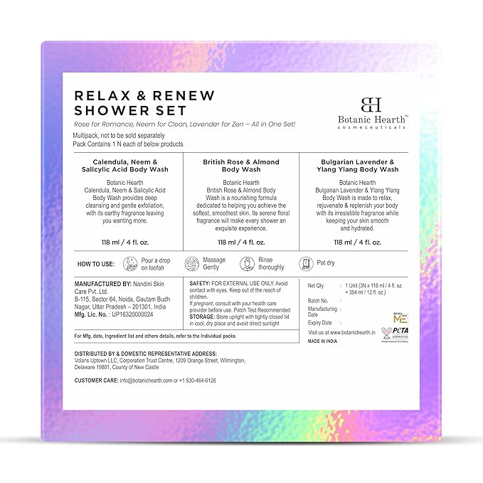Botanic Hearth Relax And Renew Shower Set | Pack Of 3 Of Body Wash (British Rose,Lavender, Calendula Neem) 2 Fl Oz Each