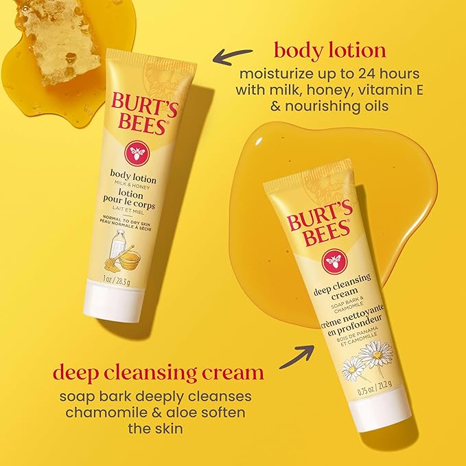 Burt's Bees Back to School Gift Ideas - Essentials Everyday Set, 5 Travel Size Products - Deep Cleansing Cream, Hand Salve, Body Lotion, Foot Cream and Original Lip Balm