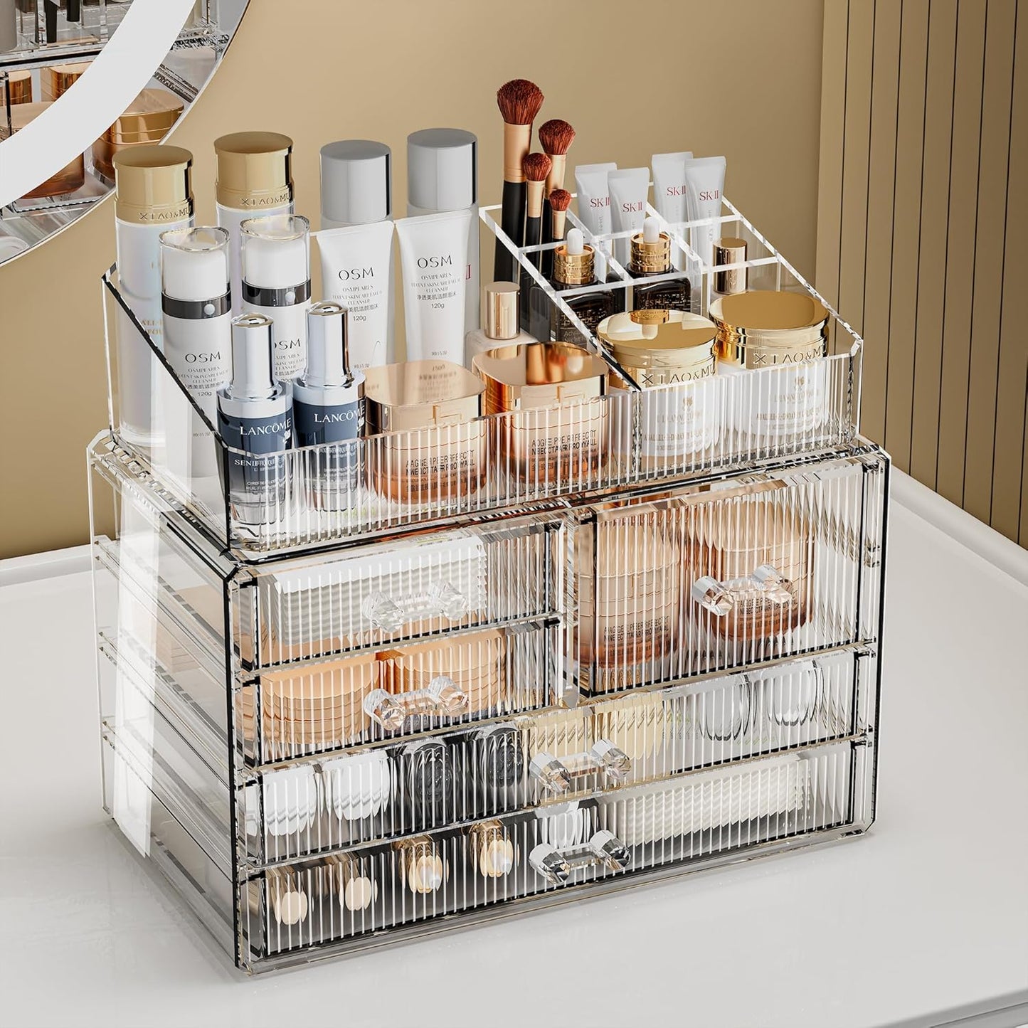 ZHIAI Stackable Storage Drawers, Acrylic Bathroom Counter Organizer Clear Makeup Organizers for Vanity, Kitchen Cabinets, Bathroom, Undersink, Home Organization and Storage (2Top 3 Drawers,)
