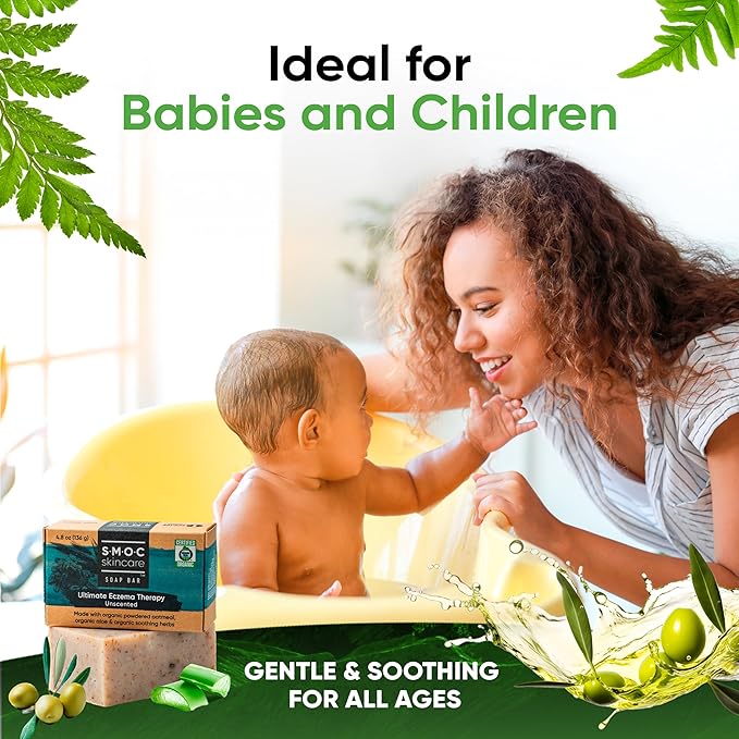 Certified Organic Eczema Soaps with Oatmeal — 2-Pack, Unscented — Food-Grade Aloe & Cocoa Butter for Eczema, Dry, Itchy Skin & Psoriasis — for Adults & Children (2)
